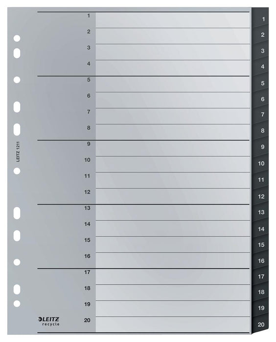 Leitz Recycle tabbladen, ft A4, 11-gaatsperforatie, PP, zwart, 1-20 - Duurzame Leitz tabbladen, A4-formaat, 11-gaatsperforatie, gerecycled PP, zwart, 1-20
