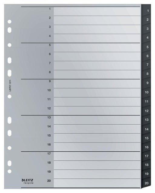 Leitz Recycle tabbladen, ft A4, 11-gaatsperforatie, PP, zwart, 1-20 10 stuks, OfficeTown