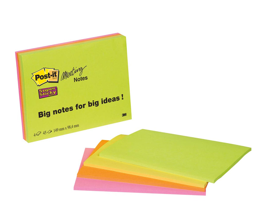 Post-It Super Sticky Vergadernotities, 45 vel, afmeting 101 x 152 mm, assorti kleuren, verpakking van 4 blokken