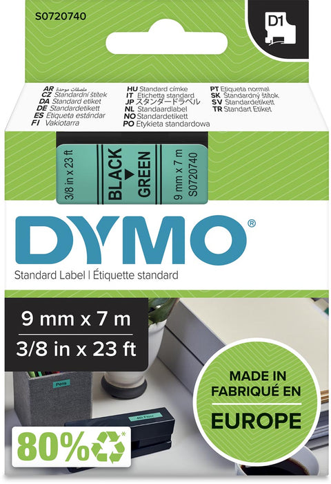 Dymo D1 tape 9 mm, zwart op groen
