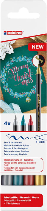 Edding metallic brushpen kerst e-1340, assorti, pakket van 4 stuks