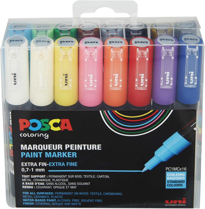 Posca verfstift 1MC, extra fijne punt, assortiment, etui met 16 stuks