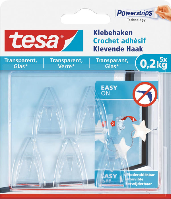 Tesa klevende Haak voor Transparant en Glas, draagvermogen 200 g, blister van 5 stuks 10 stuks, OfficeTown