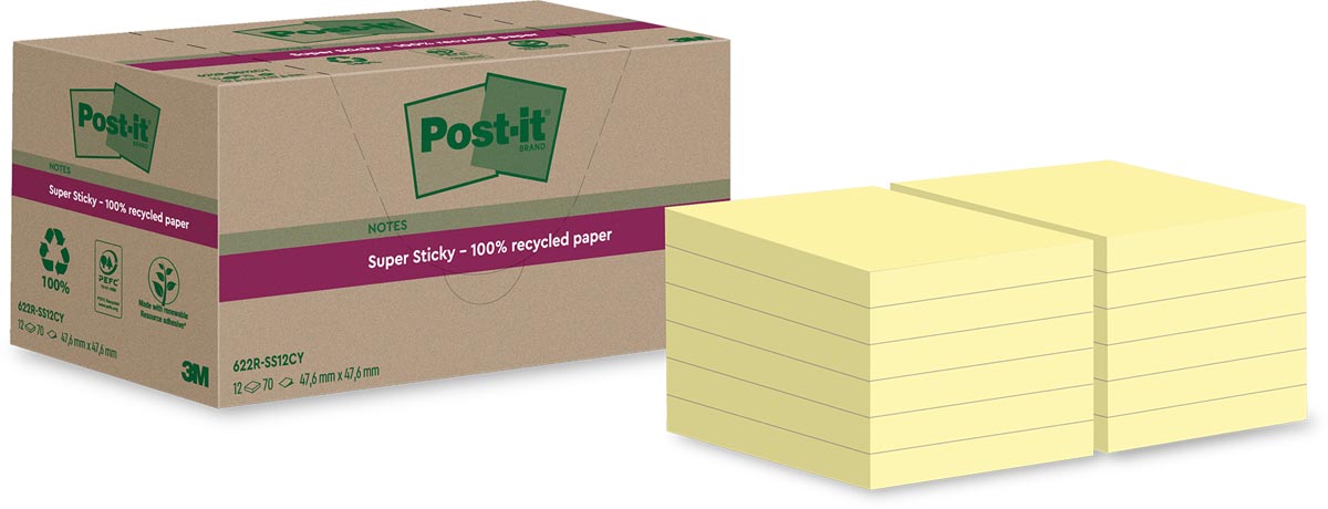 Post-it Super Sticky Notes Gerecycled, 70 vel, ft 47,6 x 47,6 mm, geel, 12 blokken