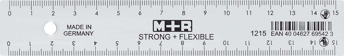 M+R Sterke en Flexibele liniaal, met schaalverdeling voor zowel rechts- als linkshandigen, 15 cm, doorzichtig