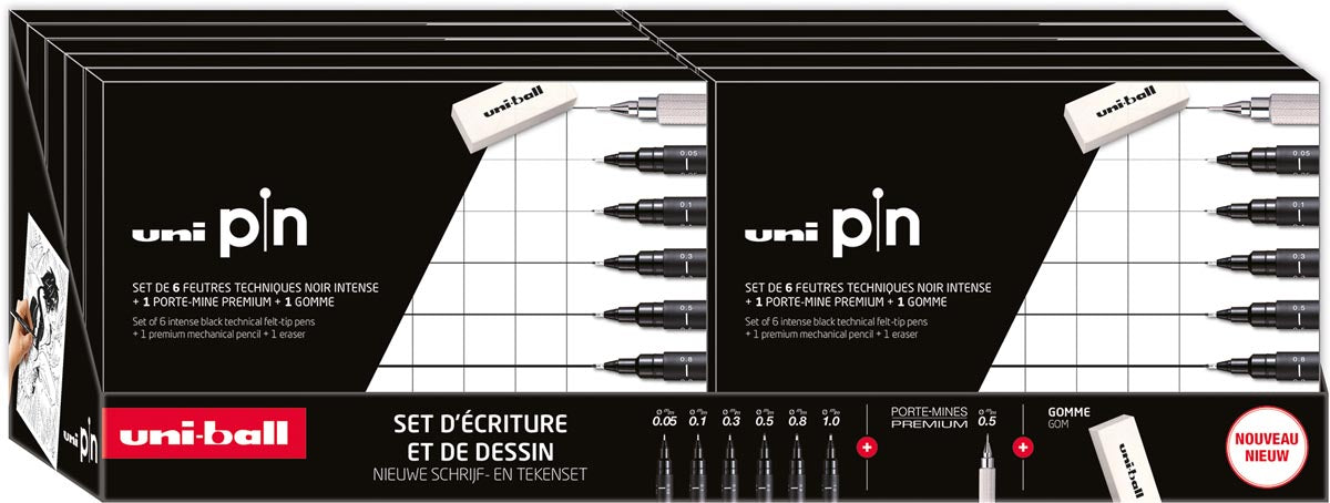 Uni Pin fineliner, display van 10 dozen van 6 stuks + vulpotlood en gum