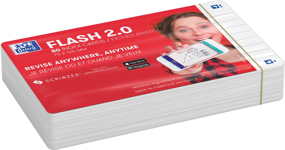 Oxford Flash 2.0 flashcard starterkit, gelijnd, A7, wit, pak van 80 vel 20 stuks, OfficeTown