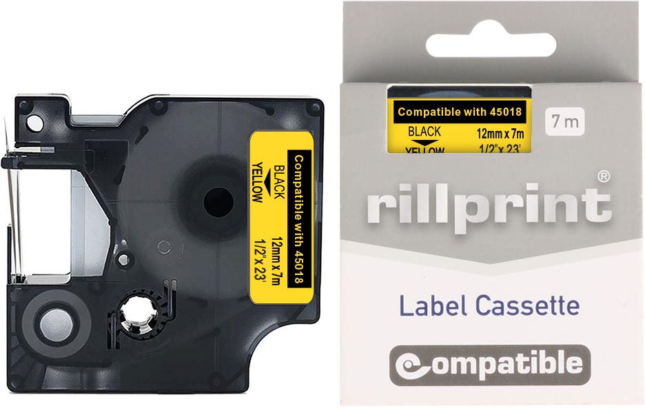 Rillprint compatibele D1 tape voor Dymo 45018, 12 mm, zwart op geel