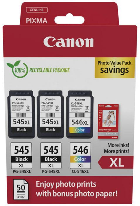 Canon photo value pack 2 x PG-545XL + 1 x CL-546XL, 300 - 400 pagina's, OEM 8286B015, 4 kleuren Canon