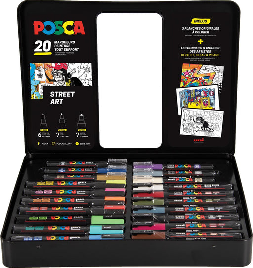 Posca paintmarkers, metalen doos van 20 stuks, in geassorteerde kleuren, ontwerp Street art 20 stuks, OfficeTown