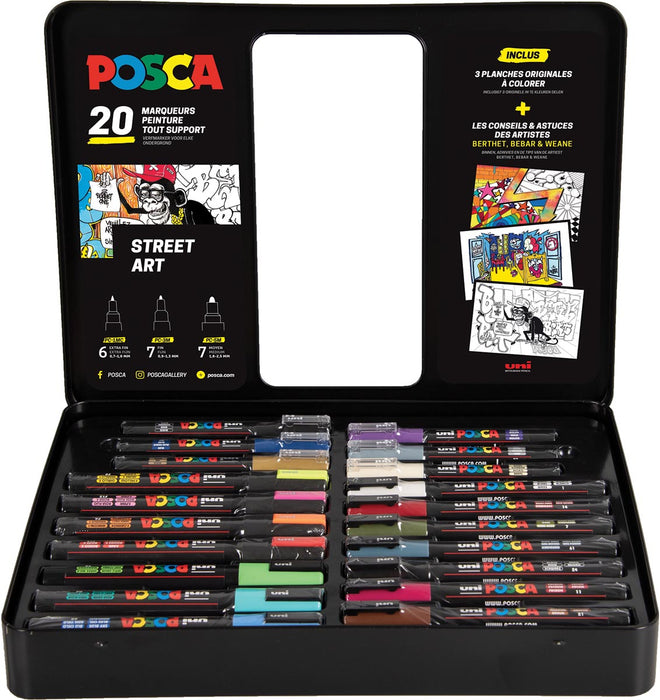 Posca paintmarkers, metalen doos van 20 stuks, in geassorteerde kleuren, ontwerp Street art 20 stuks, OfficeTown