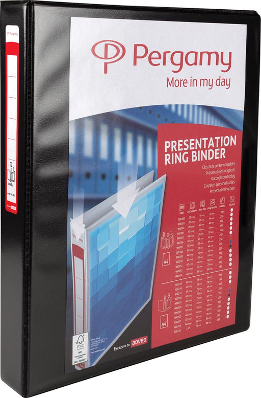 Pergamy personaliseerbare ringmap, ft A4, 2 pochettes, 2 insteektassen, 4 D-ringen van 25 mm, zwart 10 stuks, OfficeTown