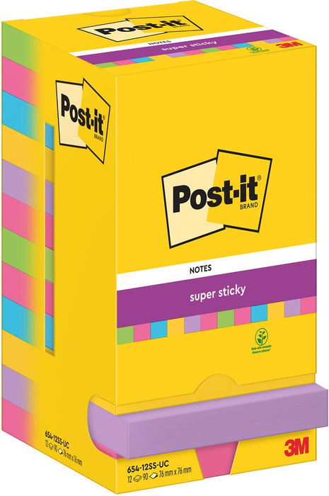 Post-It Super Plakkerige Notes, 90 vellen, afmeting 76 x 76 mm, geassorteerd, doos van 12 blokken