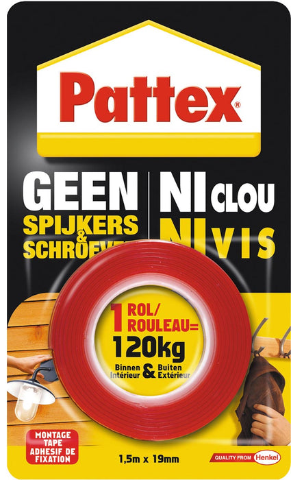 Pattex montagetape Geen Spijkers & Schroeven, 1,5 m x 19 mm, tot 120 kg, blisterverpakking