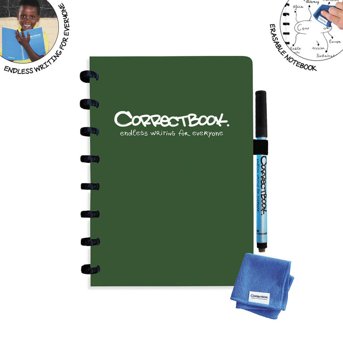 Correctbook A5 Original: herbruikbaar en uitwisbaar notitieboek, blanco, Forest Green (bosgroen) met marker en microvezeldoek