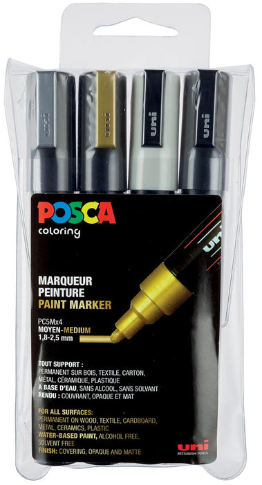 Posca verfstift PC-5M, etui met 4 stuks in diverse metallic kleuren