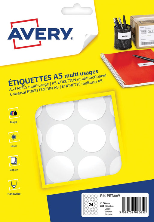 Avery PET30W ronde markeringsetiketten, diameter 30 mm, blister van 384 stuks, wit 5 stuks, OfficeTown