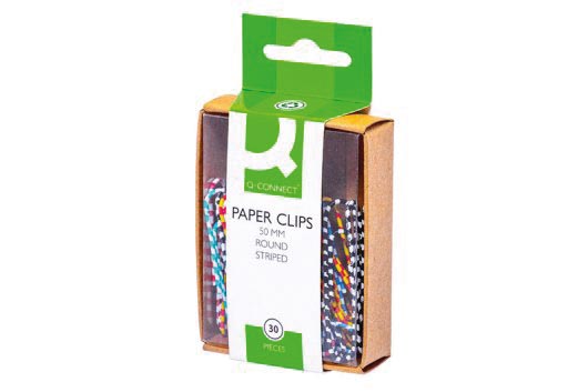 Q-CONNECT papierklemmen, 50 mm, doos van 30 stuks, gestreept in wit en diverse kleuren met geplastificeerd metaal
