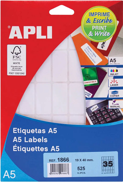 Apli witte etiketten voor Print & Write ft 19 x 40 mm, 525 stuks