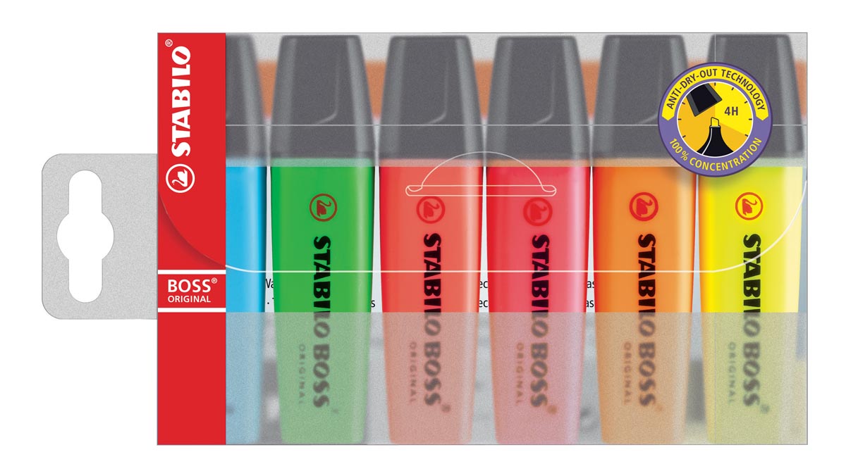 STABILO BOSS ORIGINELE markeerstiften, set van 6 in verschillende kleuren met schuine punt