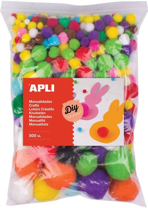 Pompons van Apli, zakje met 500 stuks in verschillende kleuren en maten