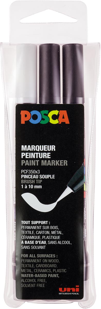 Posca paintmarker PCF-350, brush tip, étui van 3 stuks, assorti 12 stuks, OfficeTown