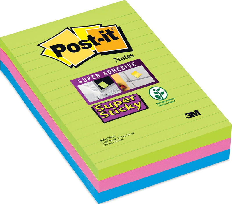 Post-it Super Sticky notities XXL, 90 vellen, ft 102 x 152 mm, assortiment kleuren, pak van 3 blokken