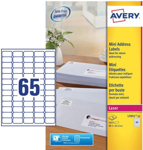 Avery L7651-25 mini adresetiketten ft 38,1 x 21,2 mm (b x h), 1.625 etiketten, wit 5 stuks, OfficeTown