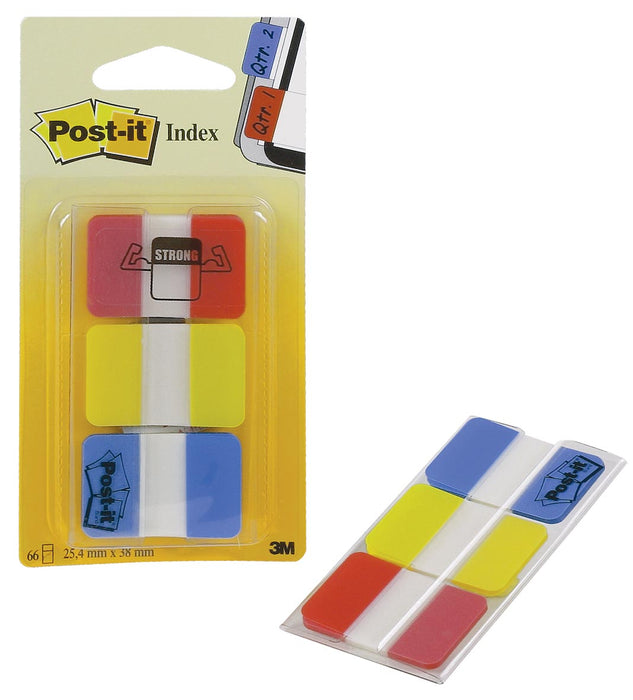 Post-it Index Sterk, 25,4 x 38 mm, set van 3 kleuren (rood, geel en blauw), 22 tabs per kleur