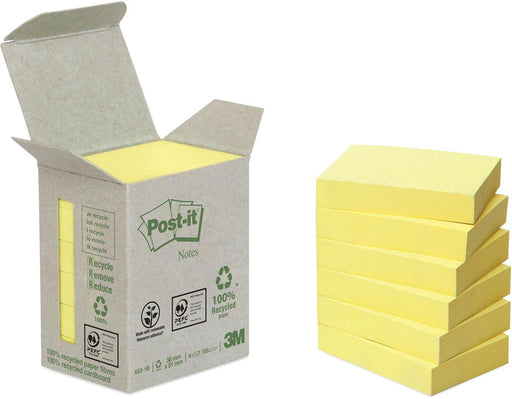 Post-it Recycled notes, 100 vel, ft 38 x 51 mm, geel, pak van 6 blokken 24 stuks, OfficeTown
