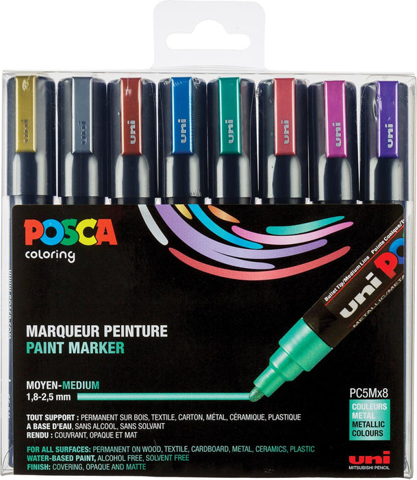 Posca verfstift PC-5M, set van 8 markers in verschillende metallic kleuren