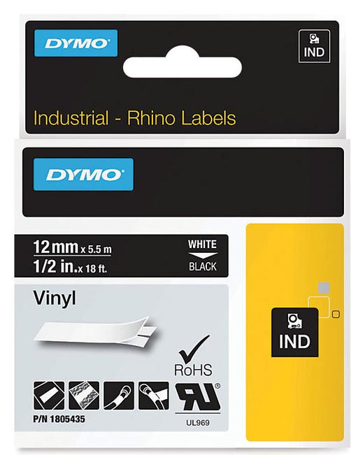 Dymo RHINO vinyltape 12 mm, wit op zwart, OfficeTown