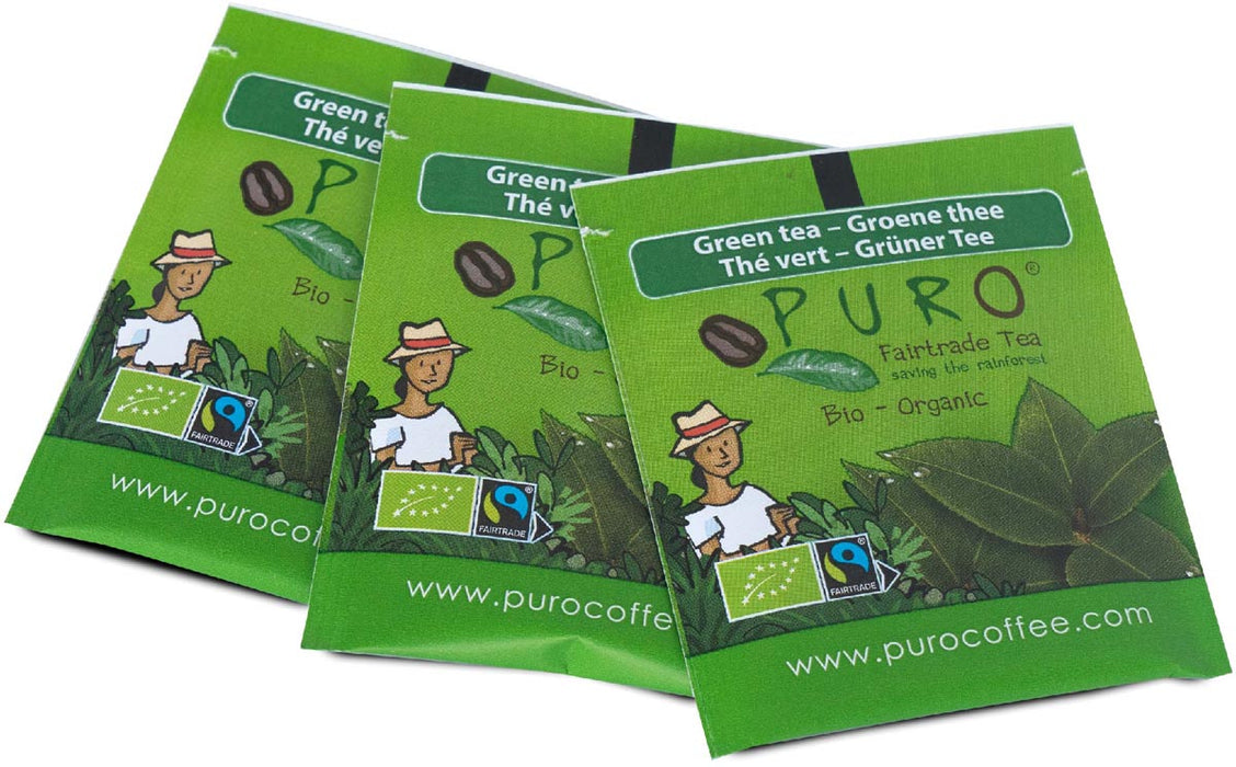 Pak van 25 fairtrade zakjes Puro Bio groene thee met fruit en kruiden