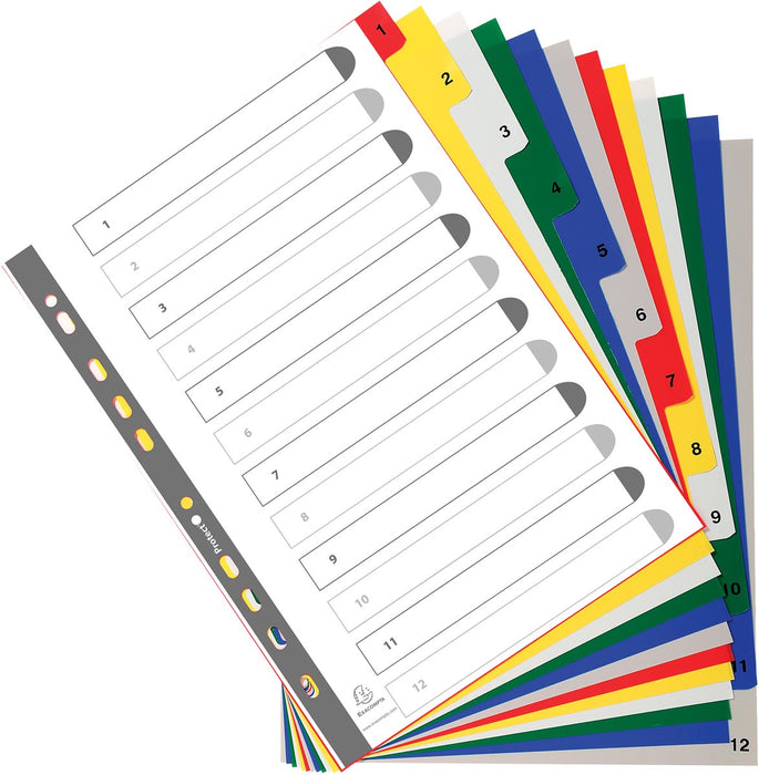 Tabbladen numeriek voor ft A4, gemaakt van PP 12/100e, 12 kleurtabs, met indexblad, wit 20 stuks