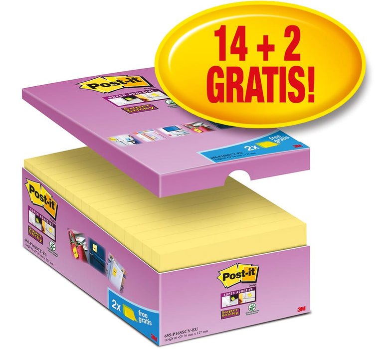 Post-it Super Sticky notes, 90 vellen, afmeting 76 x 127 mm, geel, pak van 14 blokken + 2 gratis