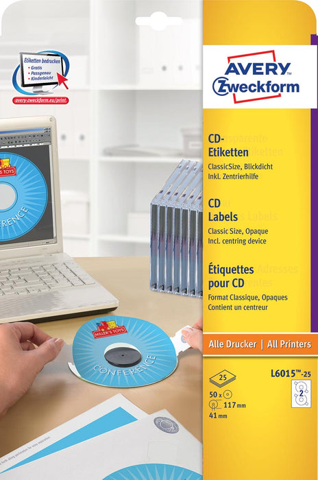 Avery Zweckform L6015-25 CD etiketten, diameter 117 mm, 50 etiketten, wit