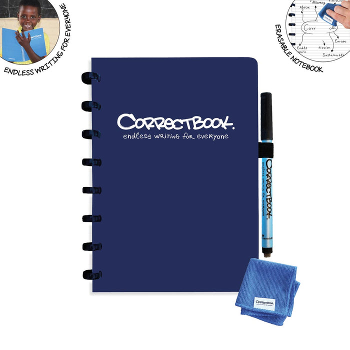 Correctbook A5 Original: Uitwisbaar / Herbruikbaar Notitieboek, Gelijnd, Midnight Blue (marineblauw) met Marker en Microvezeldoek
