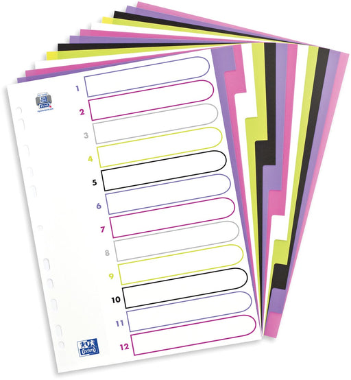 OXFORD MyColour tabbladen, formaat A4, uit gekleurde PP, 11-gaatsperforatie, 12 tabs 20 stuks, OfficeTown