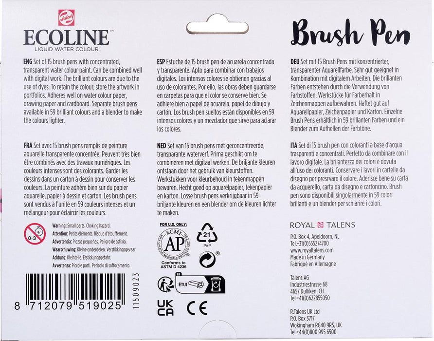 Ecoline Brush Pen Set, 15 stuks in assorti etui met fijne ronde punt