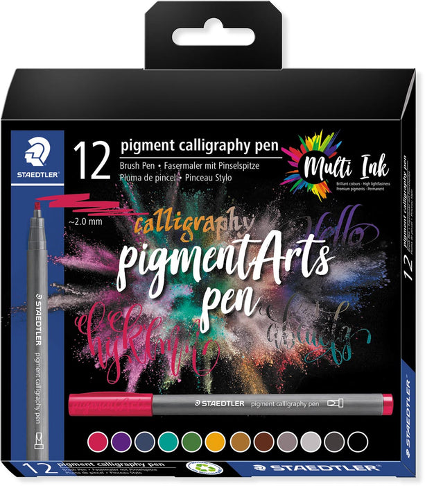Staedtler Pigment Arts brush pen Calligraphy, etui van 12 stuks, assorti met Multi ink