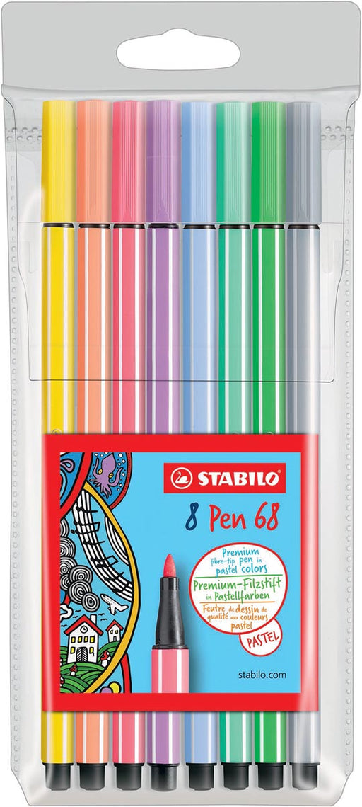 STABILO Pen 68 PastelParade viltstift, etui van 8 stuks in geassorteerde kleuren 10 stuks, OfficeTown
