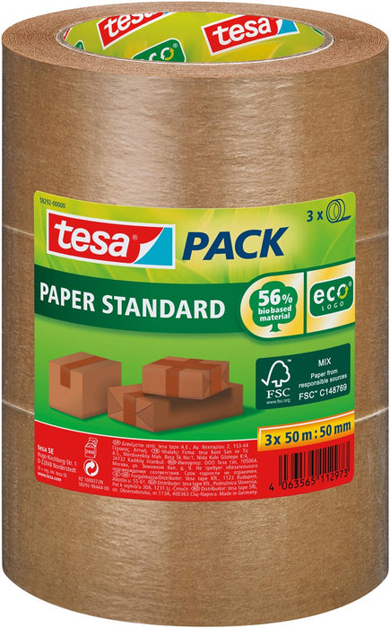 tesa verpakkingsplakband van papier Standaard, afmetingen 50 mm x 50 m, verpakking van 3 stuks