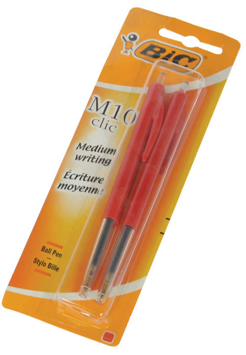 Bic balpen M10 Clic op blister, medium punt, rood met zichtbaar inktniveau