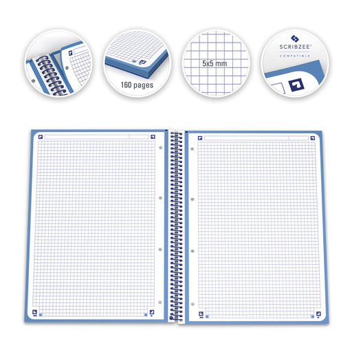 Oxford School Classic Europeanbook spiraalblok, ft A4+, 160 bladzijden, geruit 5 mm, donkerblauw 5 stuks, OfficeTown