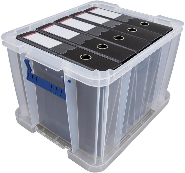 Bankiers Box opbergdoos 36 liter, transparant met blauwe handvatten, set van 3 stuks verpakt in karton
