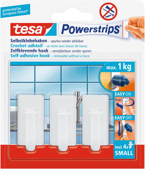 Tesa zelfklevende spijkers Powerstrips, draagkracht 1 kg, wit, blister van 4 strips en 3 haken 6 stuks