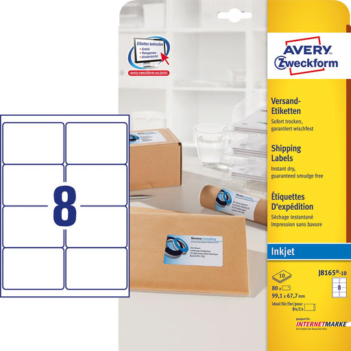 Avery Witte etiketten QuickDry doos van 10 blad, ft 99,1 x 67,7 mm (b x h), 80 stuks, 8 per blad  Met ... 10 stuks, OfficeTown