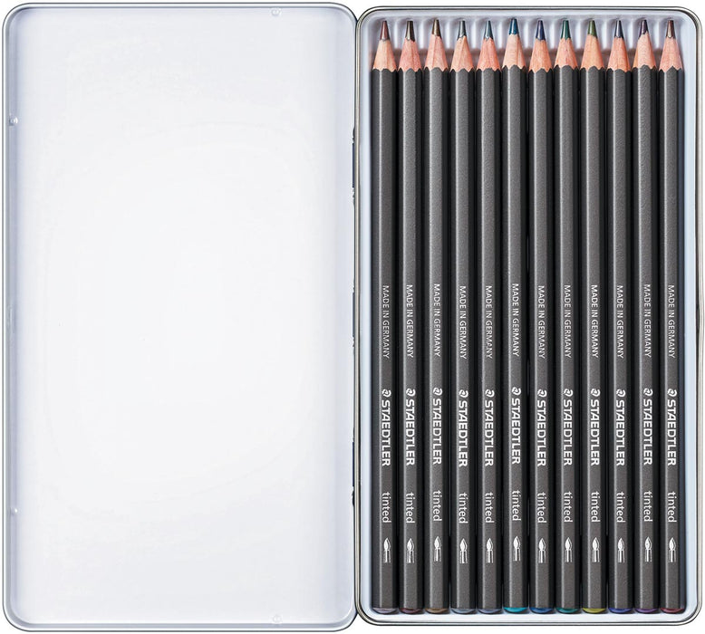 Staedtler aquarel potloden in metalen doos, 12 kleuren, 10 stuks met zachte potloodstift