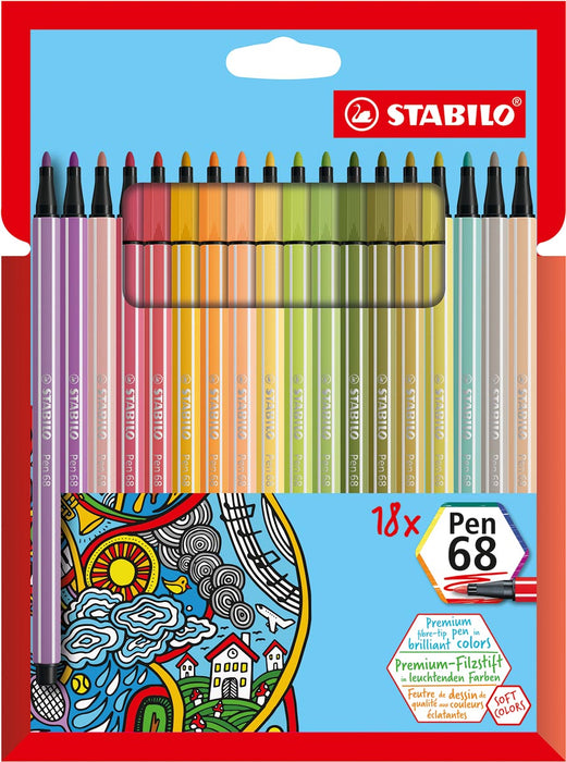 STABILO Pen 68 viltstiften, 18 stuks in zachte kleuren met kartonnen etui