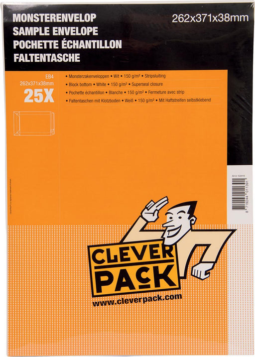 Cleverpack monsterenveloppen, ft 262 x 371 x 38 mm, met stripsluiting, wit, pak van 25 stuks 5 stuks, OfficeTown